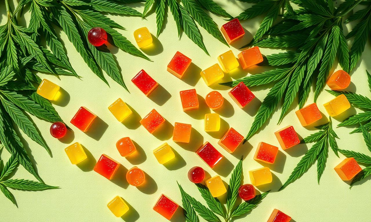 Colorful Nufarm CBD gummies arranged with fresh hemp leaves